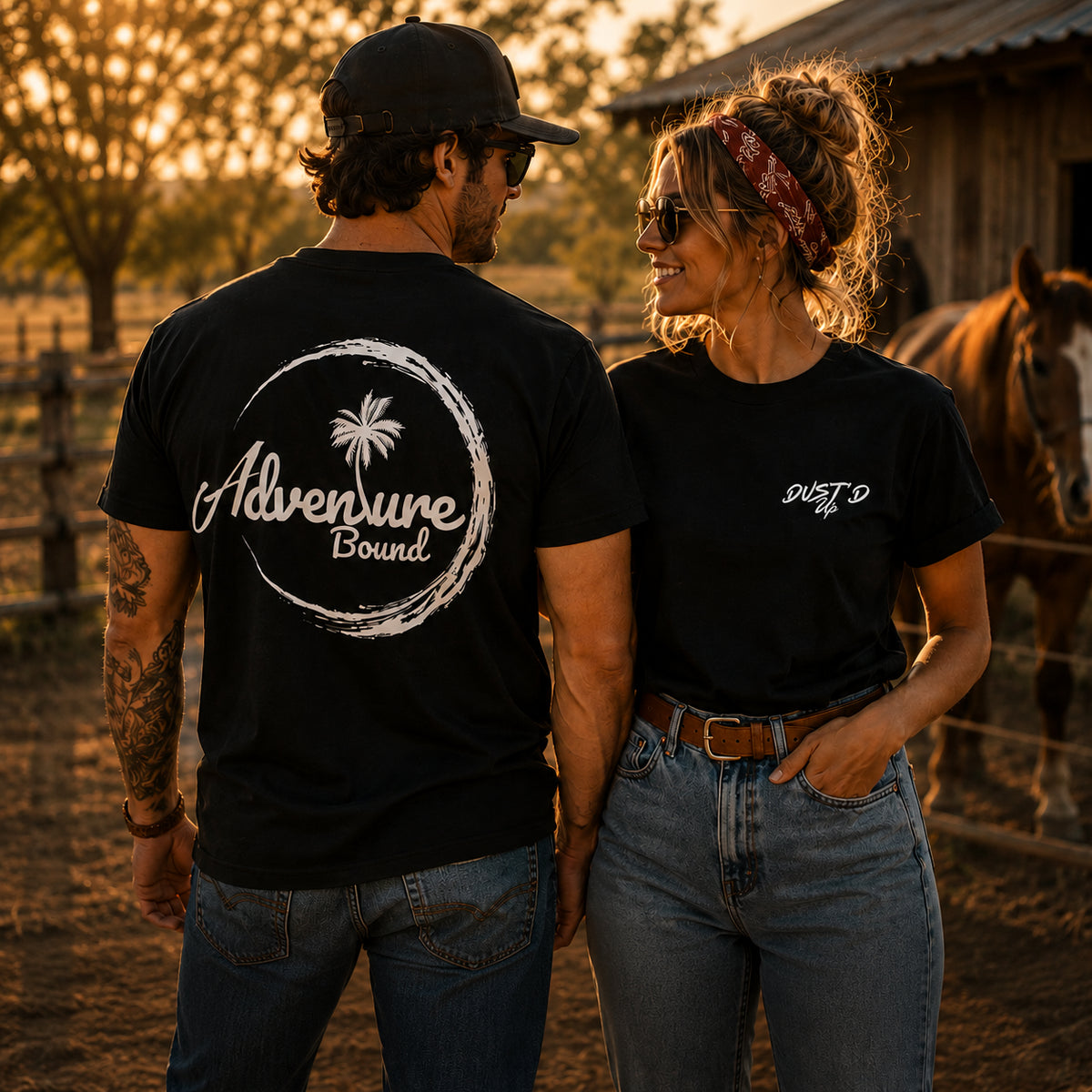 Adventure Bound black tee with large back print, Dust'd Up Co