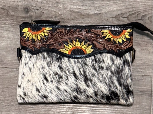 Neat's sunflower tooled leather clutch, spotted cowhide