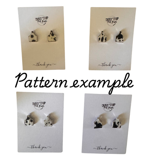 Cowhide mini cattle tag stud earrings, black and white