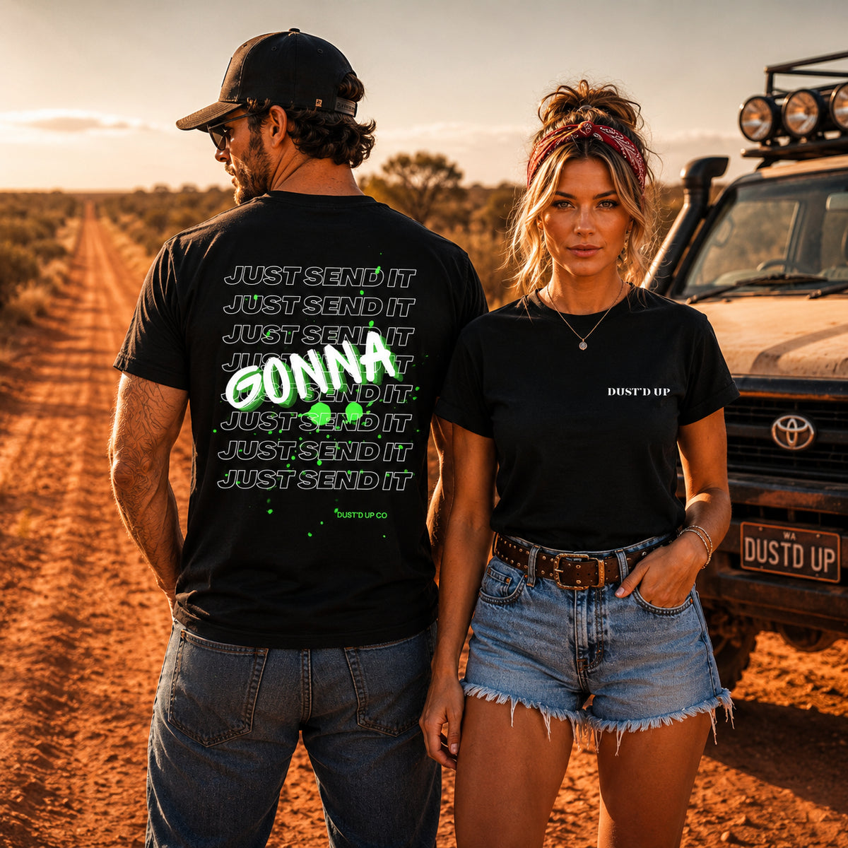 Just Gonna Send It black tee with back print, Dust'd Up Co