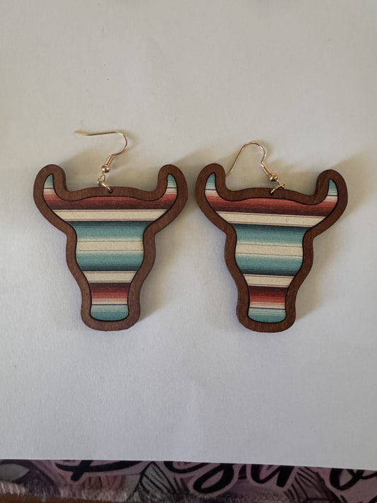 Wooden bull head earrings with stripe print