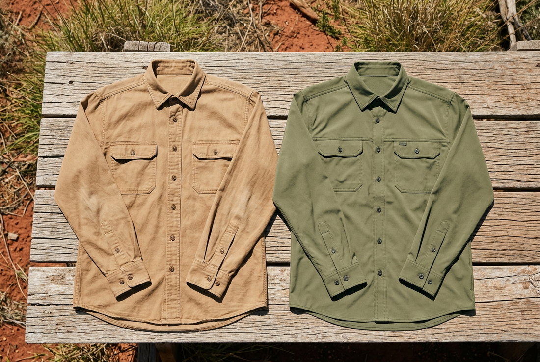 Illustrative comparison of two outdoor shirts laid side by side on weathered timber