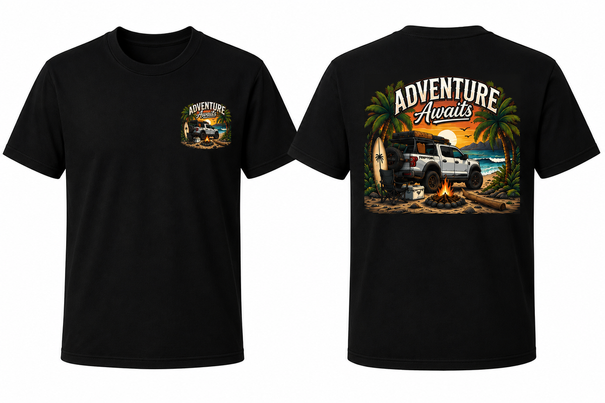 Adventure Awaits Tee, vintage style back print on black