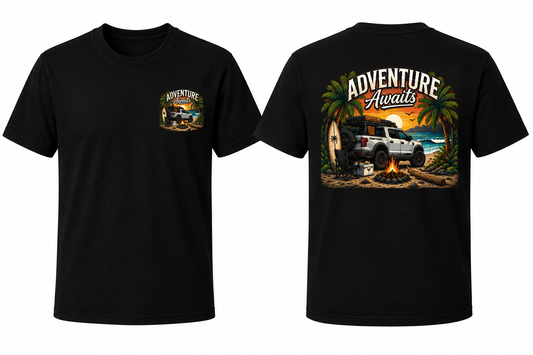 Adventure Awaits Tee, vintage style back print on black