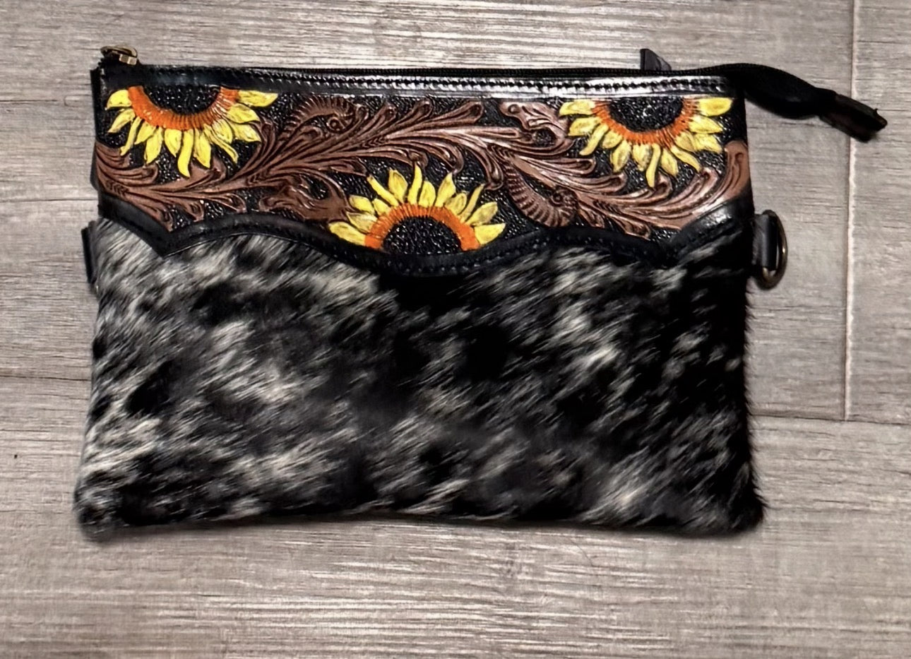 Neat's Sunflower Tooled Leather Cowhide Clutch