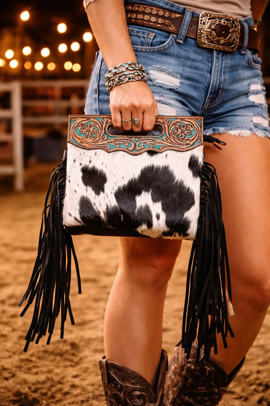 Bella Cowhide Fringe Clutch Handbag Western Tooled Leather