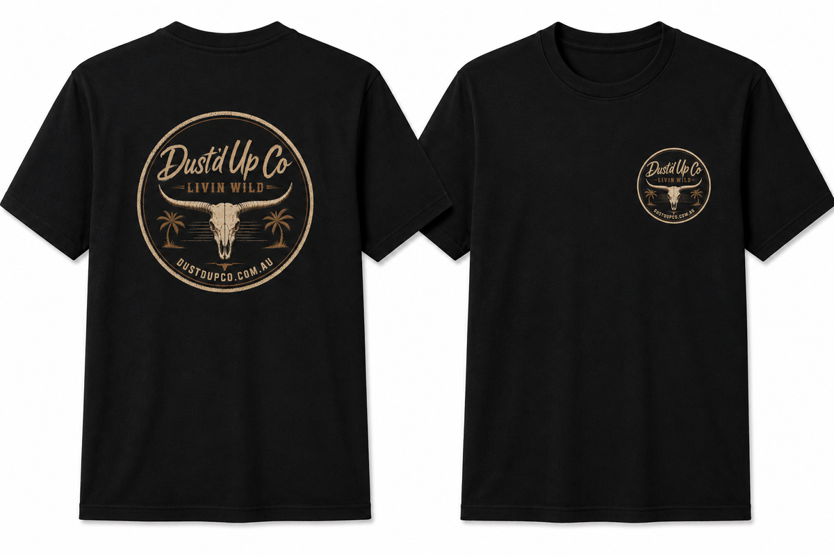 Dust'd Up Badge Tee, black shirt with the longhorn logo badge back print