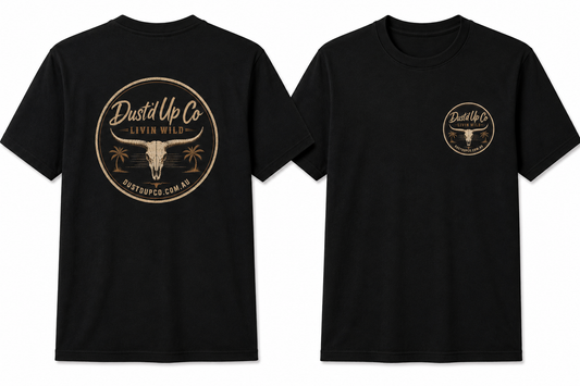 Dust'd Up Badge Tee, black shirt with the longhorn logo badge back print