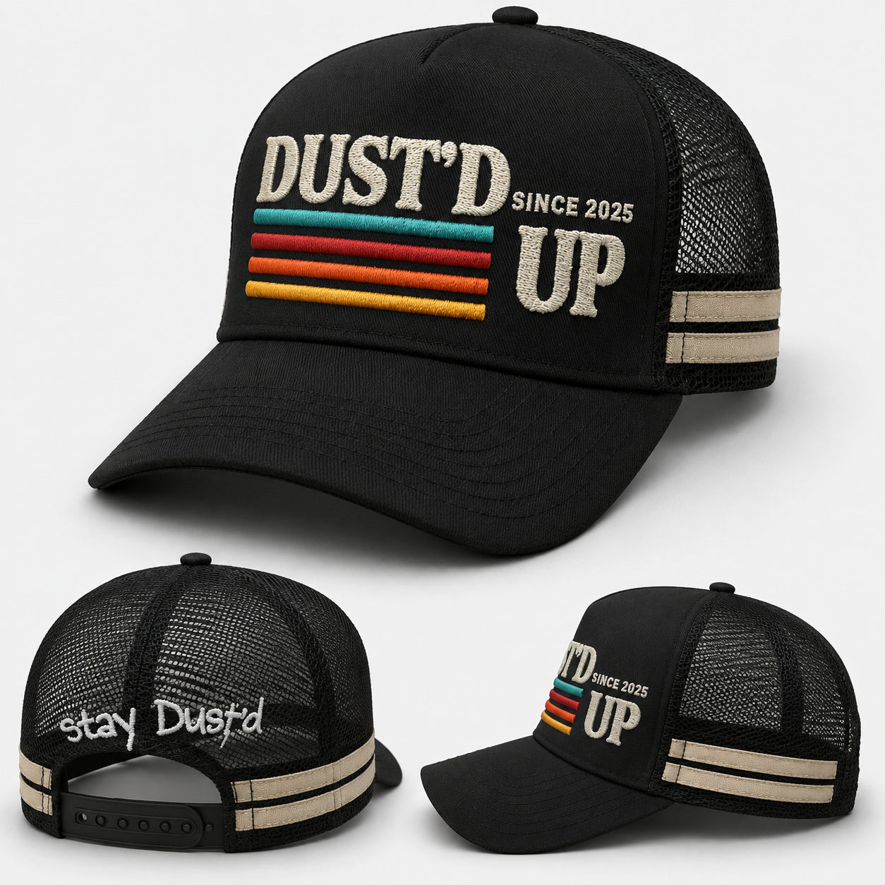Dust'd Up Co retro trucker cap, embroidered front panel with mesh back and snapback fit