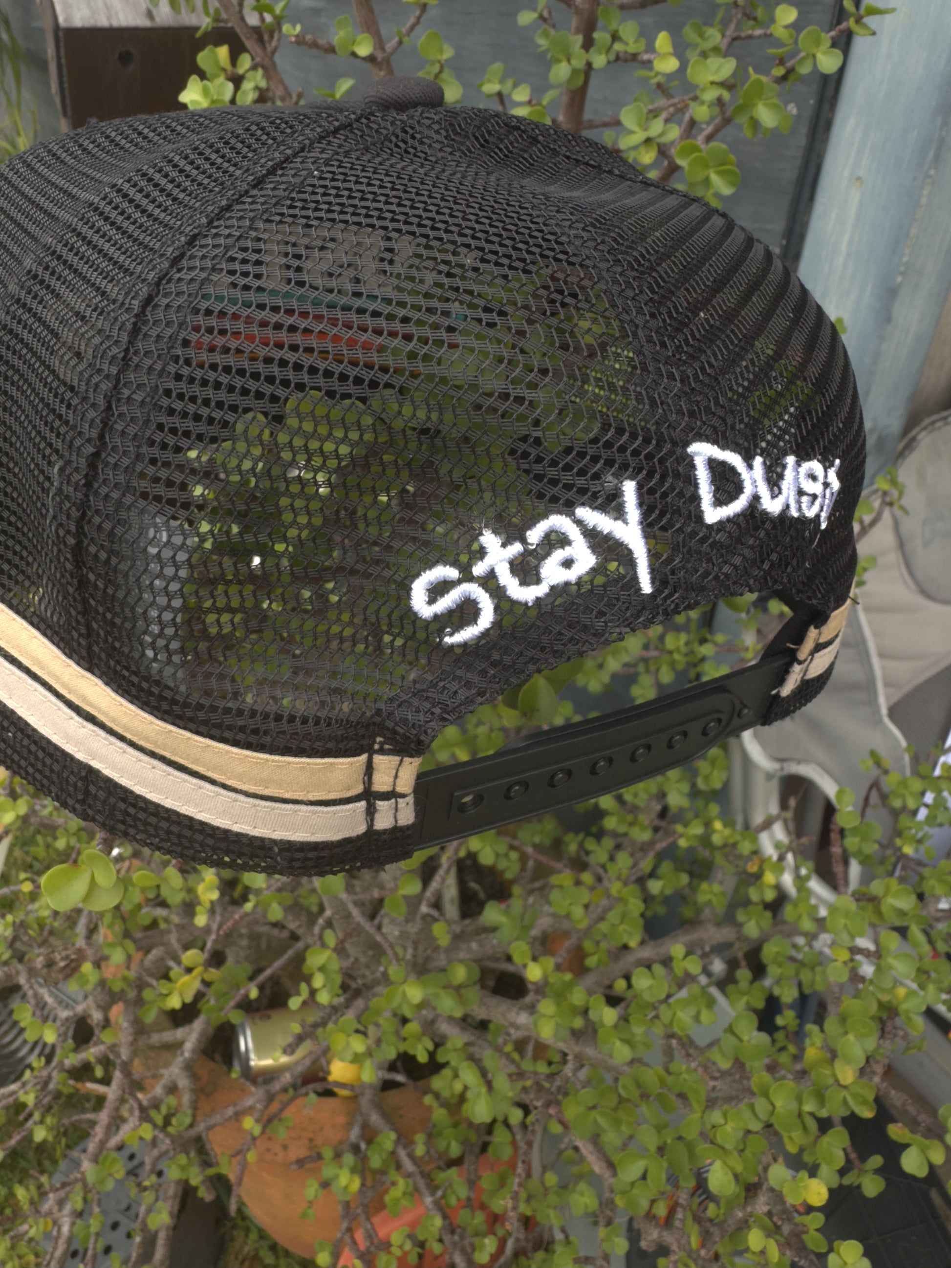 Black mesh cap with 'Stay Dusty' text on a blurred background