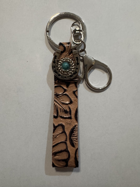 Tooled leather horseshoe keyring with turquoise stone