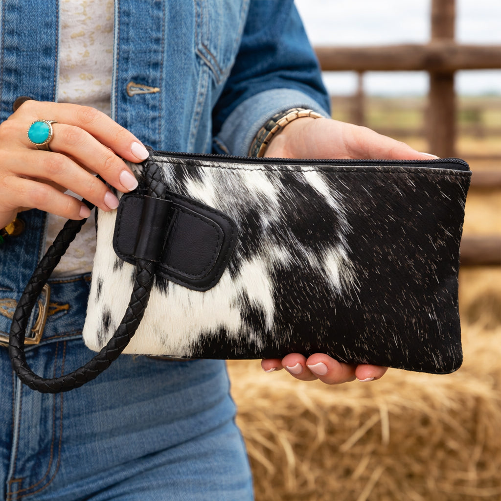 Large Cowhide Leather Clutch with Wrist Strap