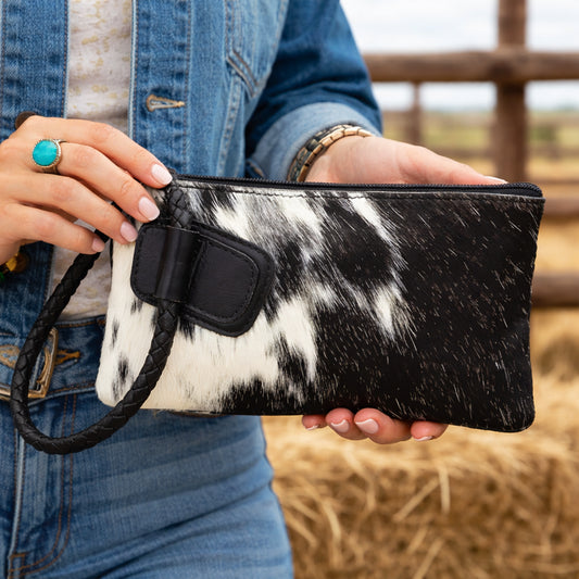 Large Cowhide Leather Clutch with Wrist Strap