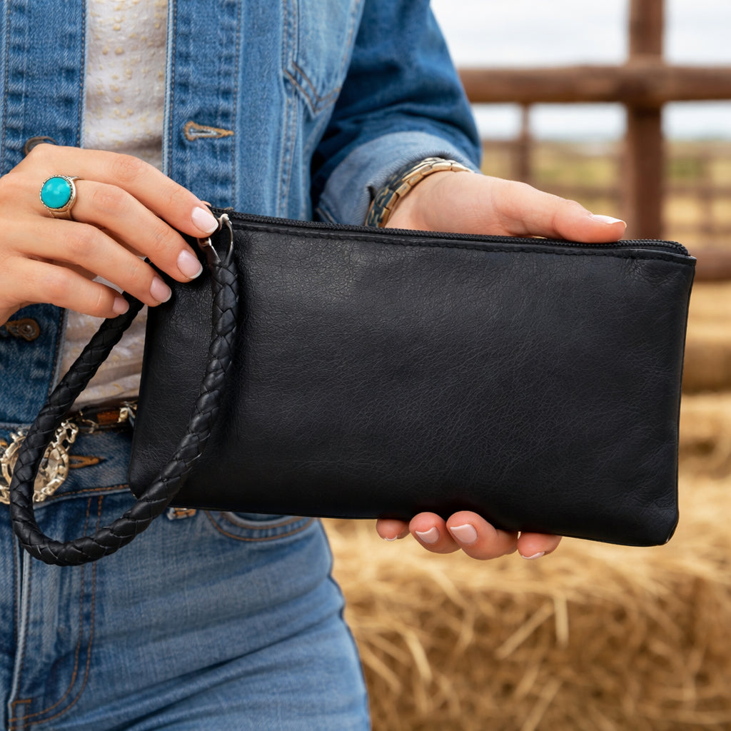 Large Cowhide Leather Clutch with Wrist Strap