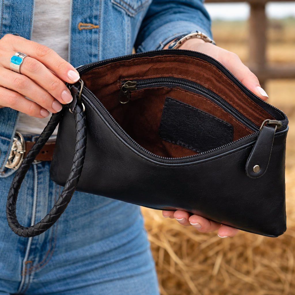 Large Cowhide Leather Clutch with Wrist Strap