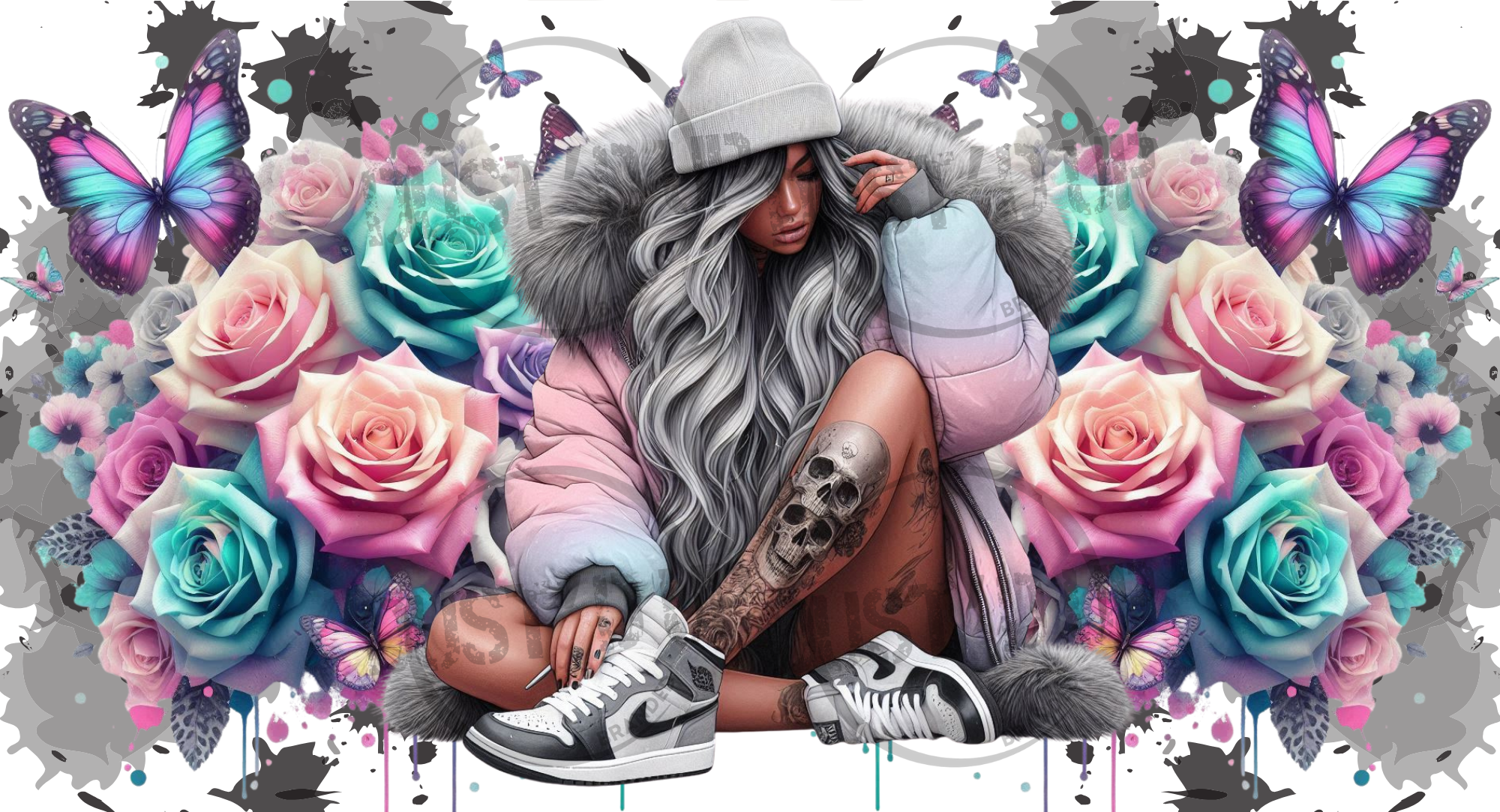 Person with long gray hair and tattoos sitting among colorful flowers and butterflies.