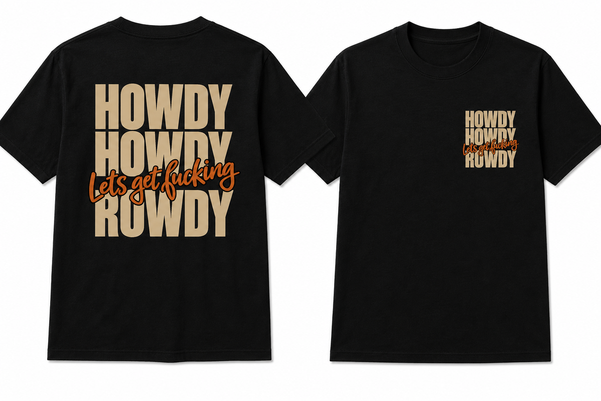 Howdy Rowdy Tee in sand and burnt orange print on black