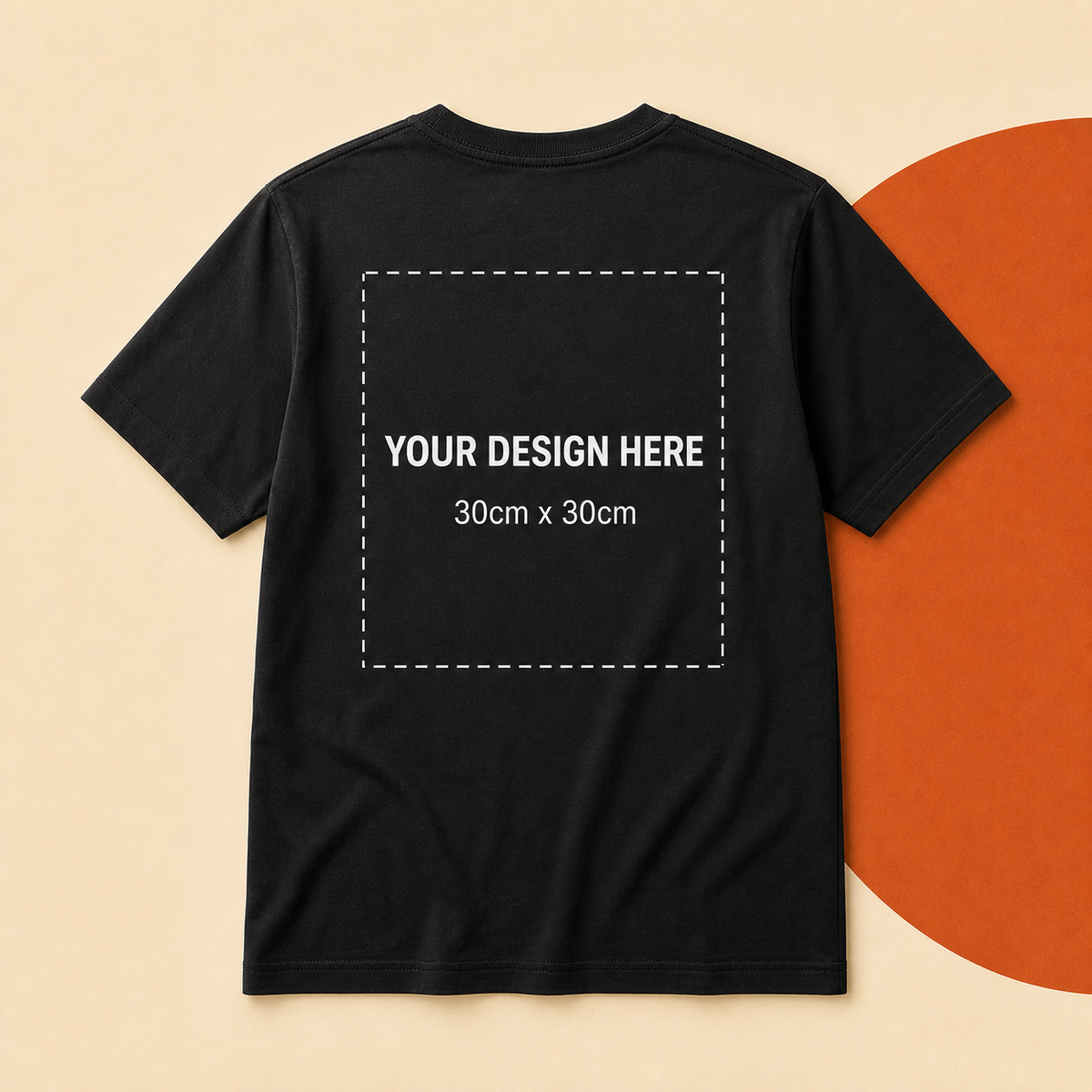 Back of black custom T-shirt showing 30cm x 30cm maximum print area