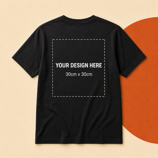 Back of black custom T-shirt showing 30cm x 30cm maximum print area