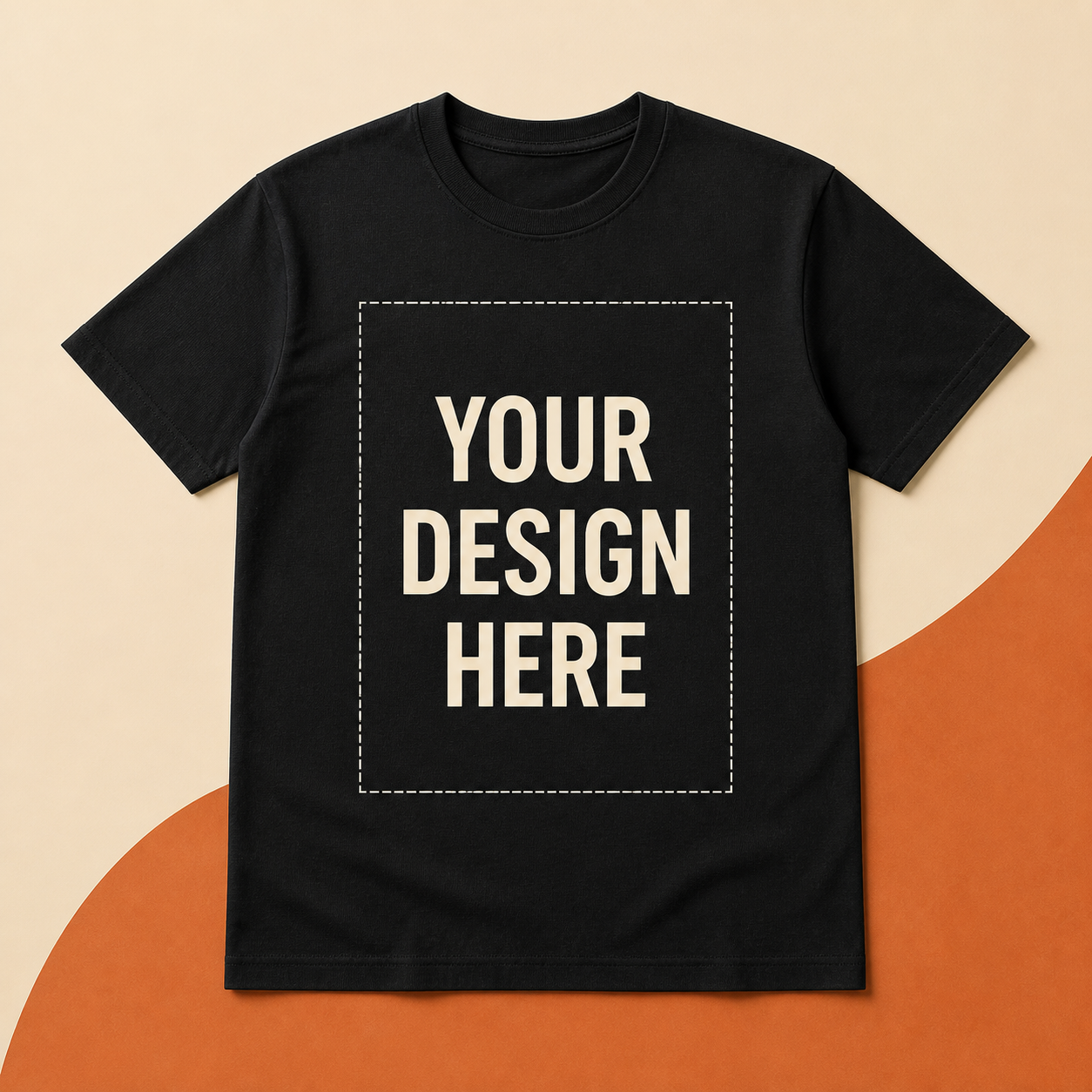 Front of black custom T-shirt showing Your Design Here print area