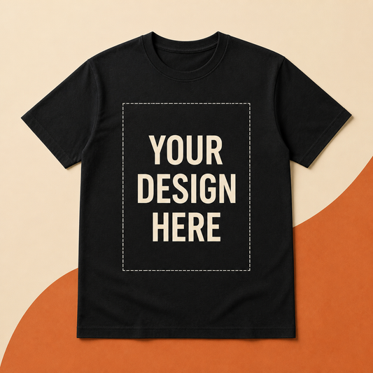 Front of black custom T-shirt showing Your Design Here print area