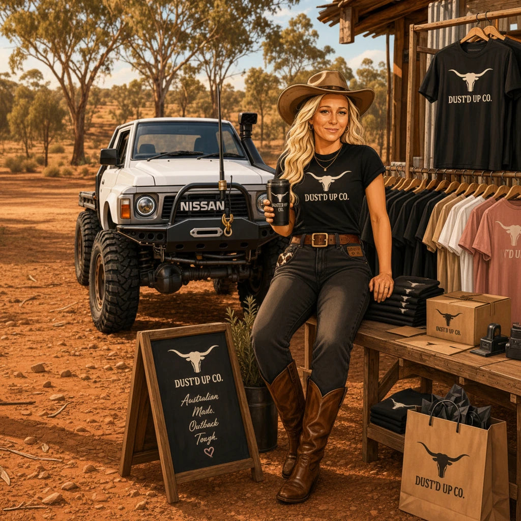 A woman in a cowboy hat and boots stands outdoors in front of a rustic shop display, wearing a black T-shirt with a white longhorn logo and the text 'DUST'D UP CO.' She holds a coffee cup, with folded shirts, a sign, and a white Nissan truck in the background.