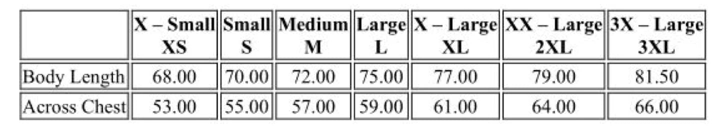 size chart Papi's adventure