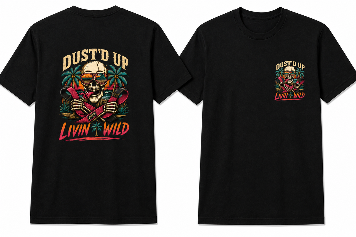 Livin Wild Skull Tee, skull in aviators with crossed snatch straps on black