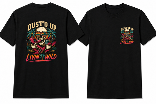 Livin Wild Skull Tee, skull in aviators with crossed snatch straps on black