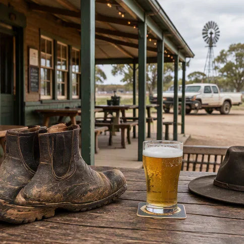 Boots and a cold schooner on a country pub verandah